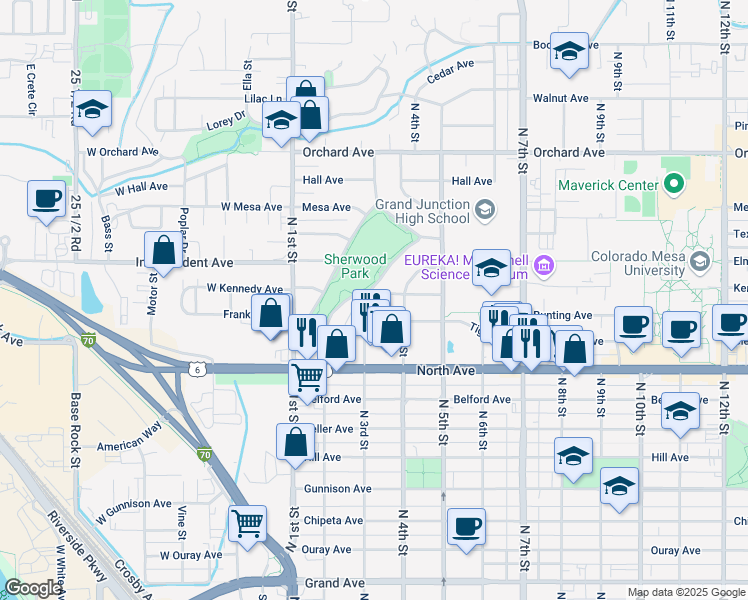 map of restaurants, bars, coffee shops, grocery stores, and more near 315 Kennedy Avenue in Grand Junction