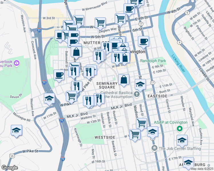 map of restaurants, bars, coffee shops, grocery stores, and more near 1016 Banklick Street in Covington