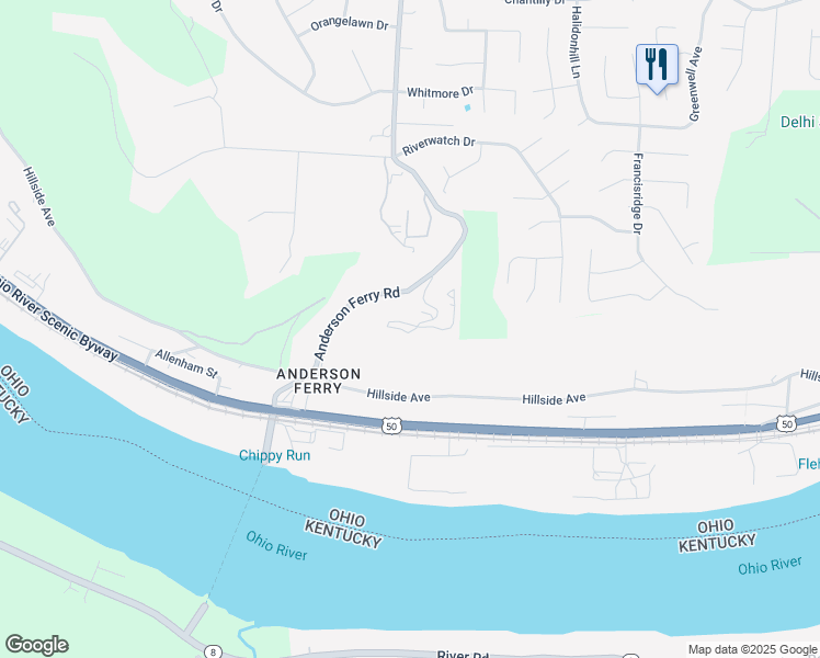 map of restaurants, bars, coffee shops, grocery stores, and more near 106 Anderson Ferry Road in Cincinnati