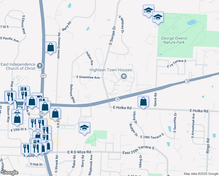 map of restaurants, bars, coffee shops, grocery stores, and more near 2137 South Swope Drive in Independence