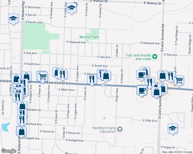 map of restaurants, bars, coffee shops, grocery stores, and more near 1015 East Stone Street in Independence
