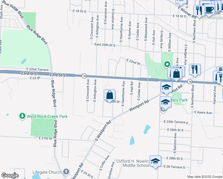 map of restaurants, bars, coffee shops, grocery stores, and more near 2410 South Overton Avenue in Independence