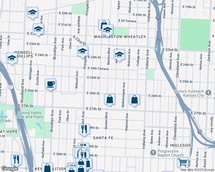 map of restaurants, bars, coffee shops, grocery stores, and more near 2528 Benton Boulevard in Kansas City