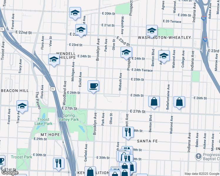 map of restaurants, bars, coffee shops, grocery stores, and more near 2535 Park Avenue in Kansas City