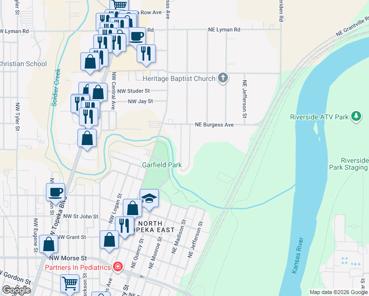 map of restaurants, bars, coffee shops, grocery stores, and more near 113 Northeast Burgess Street in Topeka