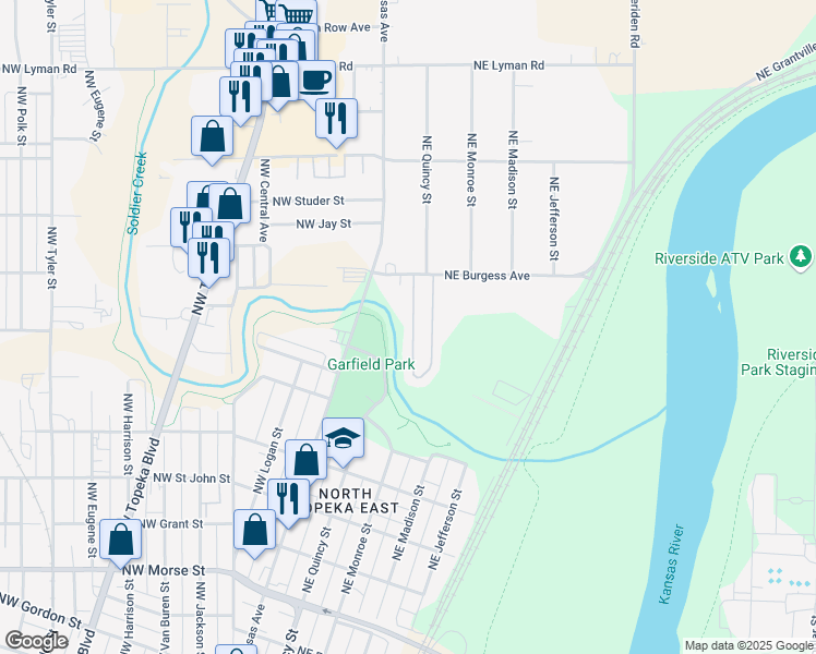 map of restaurants, bars, coffee shops, grocery stores, and more near 113 Northeast Burgess Street in Topeka