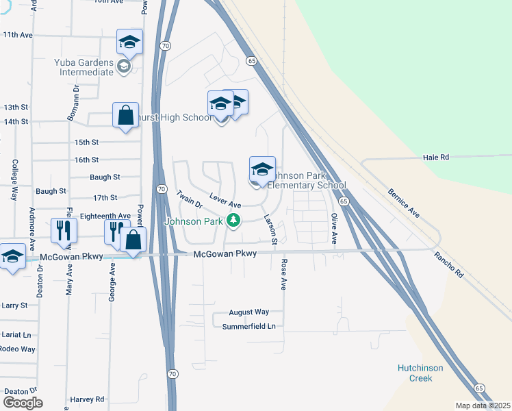 map of restaurants, bars, coffee shops, grocery stores, and more near 4364 Lever Avenue in Olivehurst