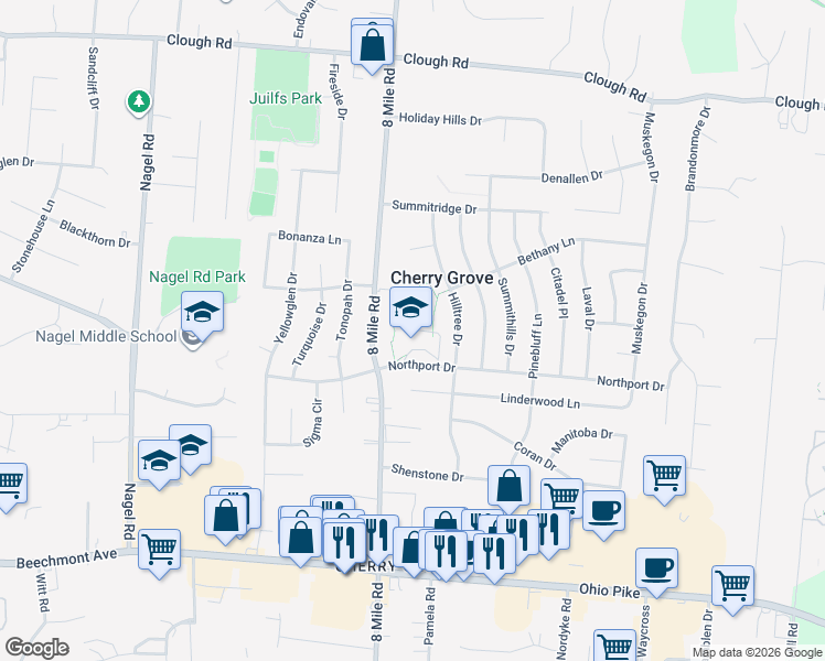 map of restaurants, bars, coffee shops, grocery stores, and more near 8400 Northport Drive in Cincinnati
