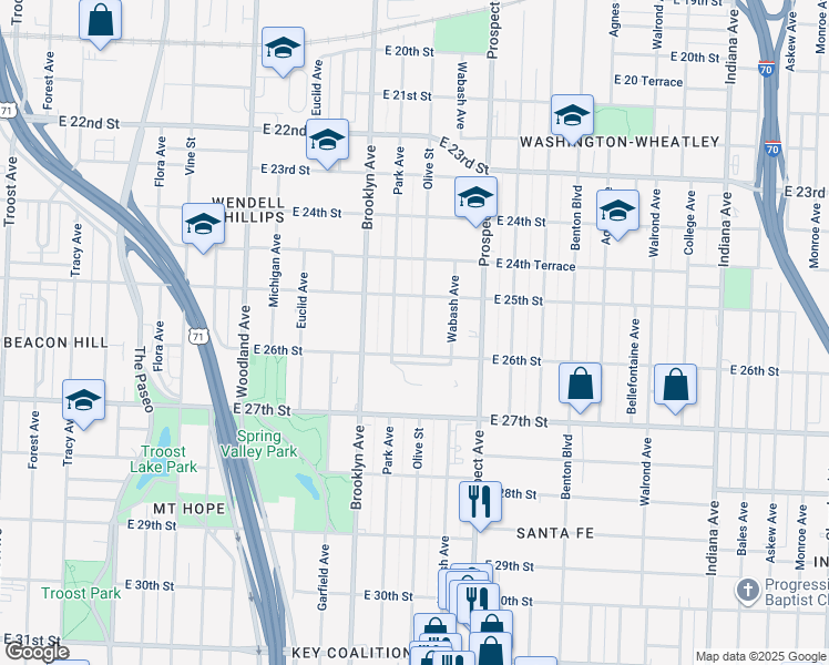 map of restaurants, bars, coffee shops, grocery stores, and more near 2535 Park Avenue in Kansas City