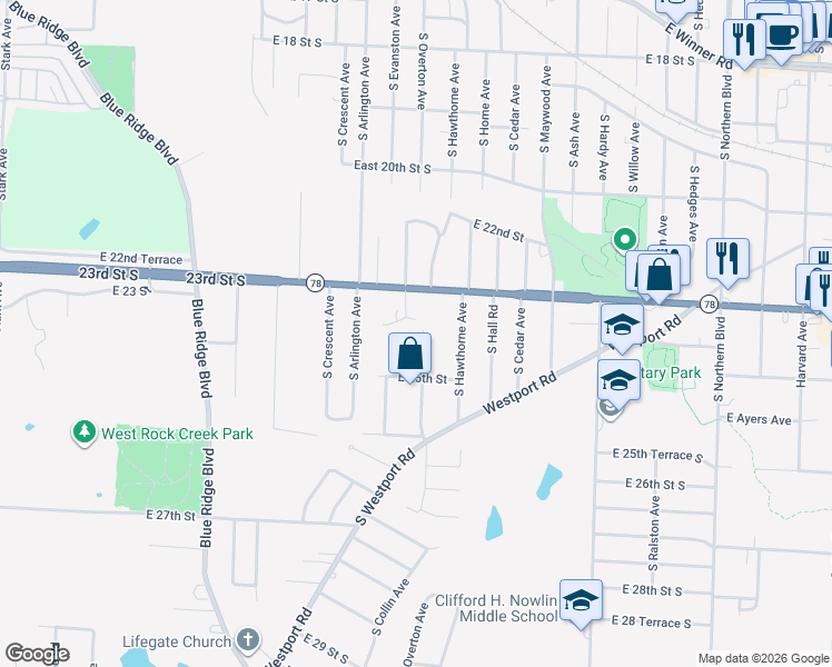 map of restaurants, bars, coffee shops, grocery stores, and more near 2410 South Overton Avenue in Independence