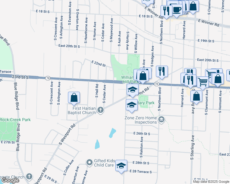 map of restaurants, bars, coffee shops, grocery stores, and more near 2317 South Maywood Avenue in Independence