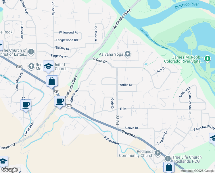 map of restaurants, bars, coffee shops, grocery stores, and more near 2293 South Arriba Circle in Grand Junction