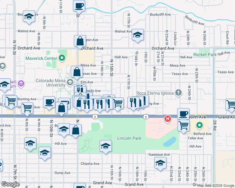 map of restaurants, bars, coffee shops, grocery stores, and more near 1311 North 16th Street in Grand Junction