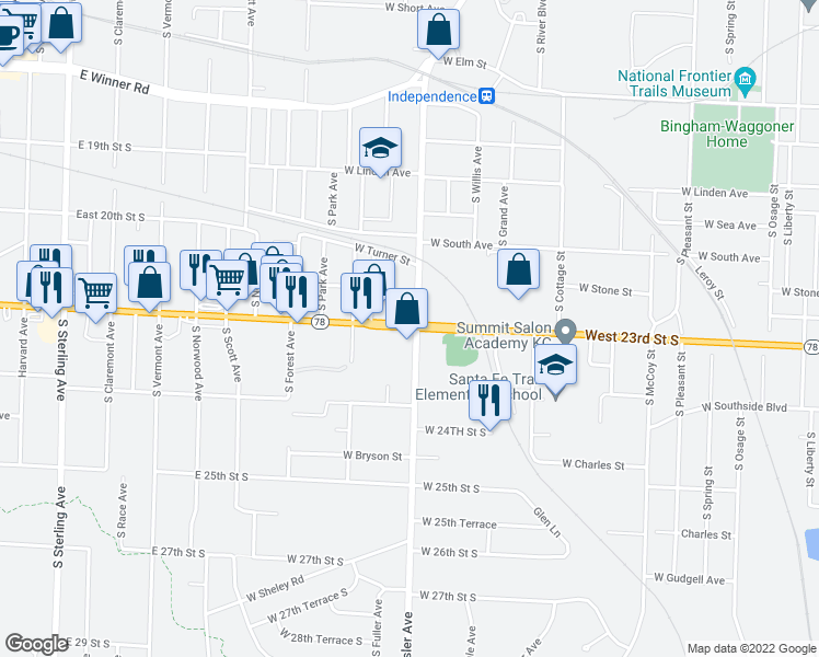 map of restaurants, bars, coffee shops, grocery stores, and more near 1315 West 23rd Street South in Independence