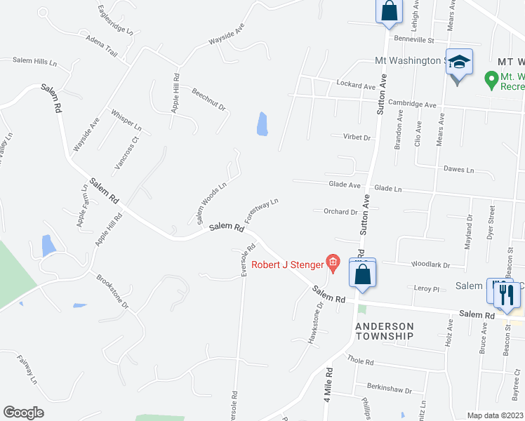 map of restaurants, bars, coffee shops, grocery stores, and more near 5843 Forestway Lane in Cincinnati