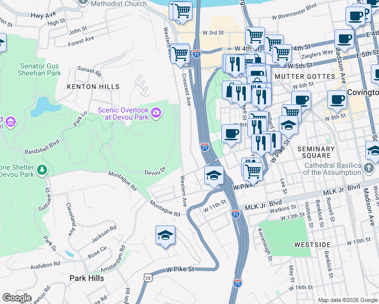 map of restaurants, bars, coffee shops, grocery stores, and more near 833 Crescent Avenue in Covington