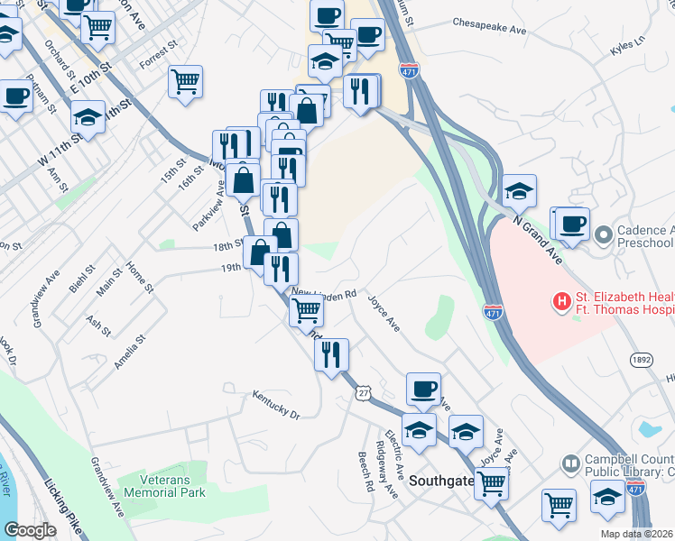 map of restaurants, bars, coffee shops, grocery stores, and more near 22 Parker Road in Newport