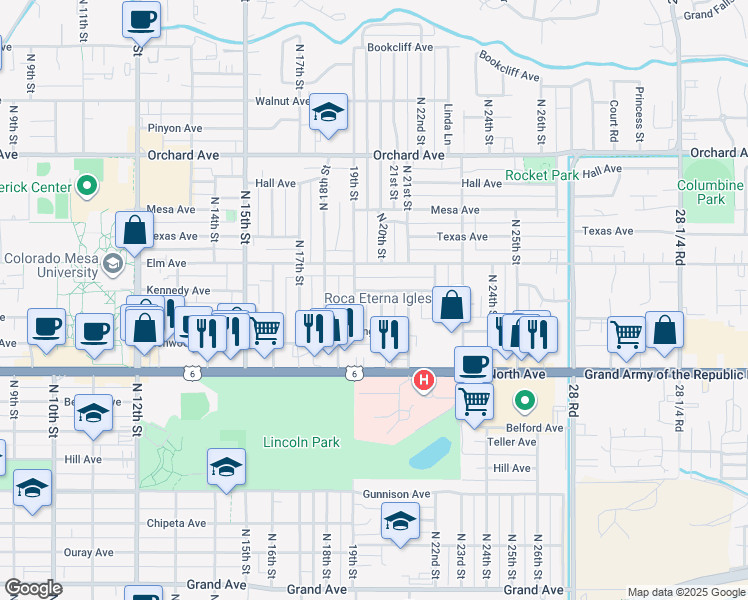 map of restaurants, bars, coffee shops, grocery stores, and more near 1350 North 20th Street in Grand Junction