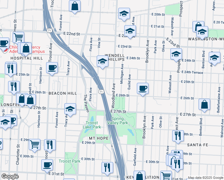 map of restaurants, bars, coffee shops, grocery stores, and more near 2534 Woodland Avenue in Kansas City