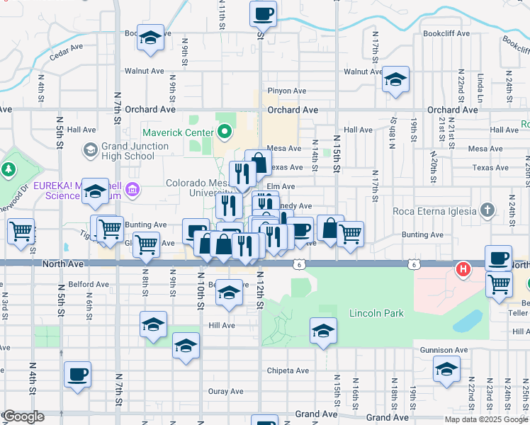 map of restaurants, bars, coffee shops, grocery stores, and more near 1322 North 12th Street in Grand Junction