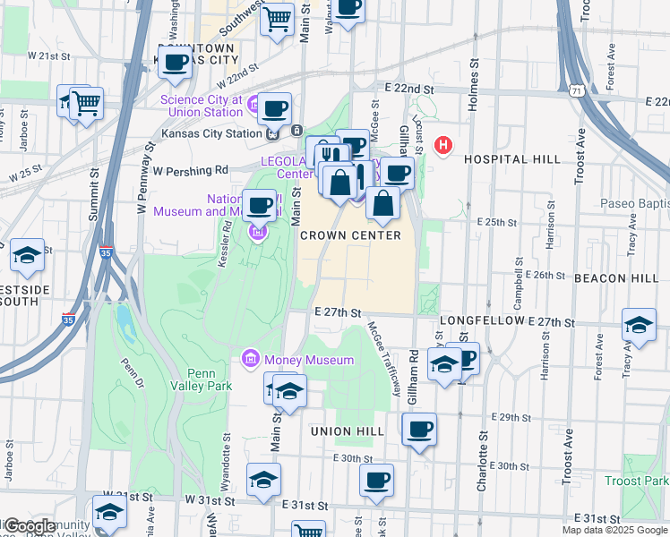 map of restaurants, bars, coffee shops, grocery stores, and more near 2555 Grand Boulevard in Kansas City