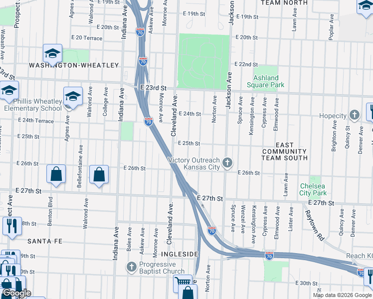map of restaurants, bars, coffee shops, grocery stores, and more near 2514 Mersington Avenue in Kansas City