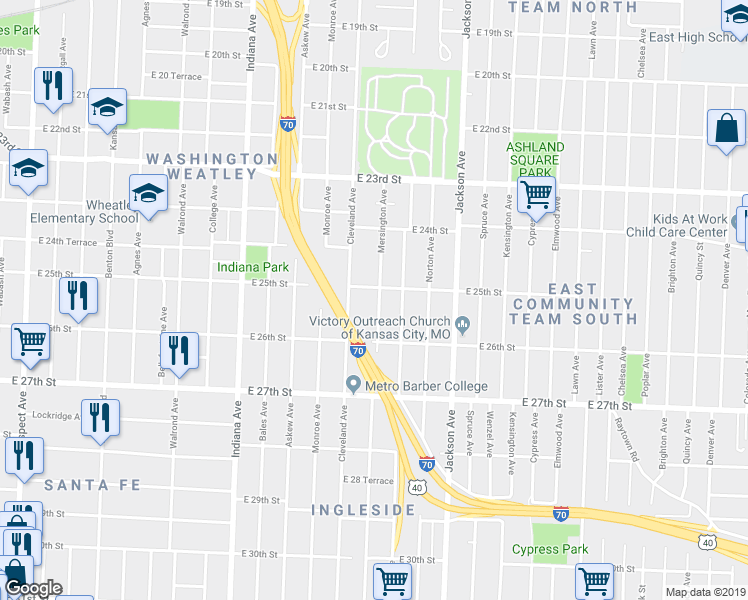 map of restaurants, bars, coffee shops, grocery stores, and more near 2508 Mersington Avenue in Kansas City
