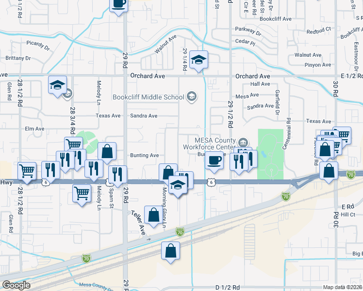 map of restaurants, bars, coffee shops, grocery stores, and more near 514 29 1/4 Road in Grand Junction