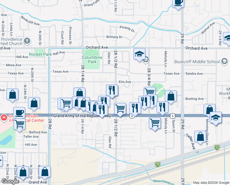 map of restaurants, bars, coffee shops, grocery stores, and more near 517 28 1/2 Road in Grand Junction