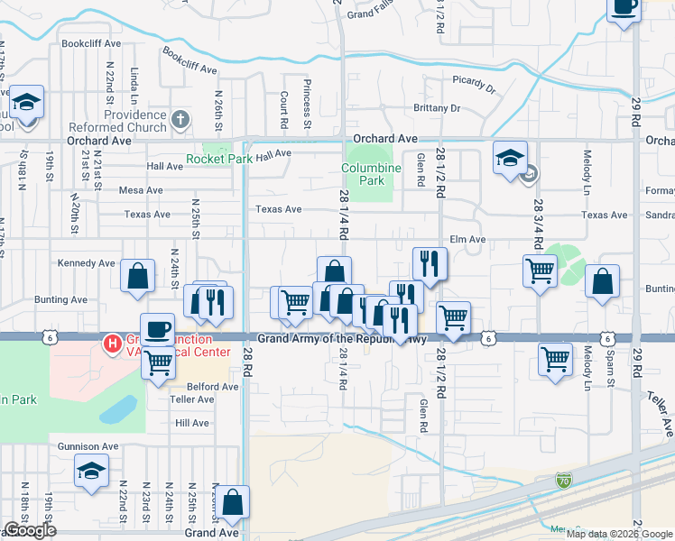 map of restaurants, bars, coffee shops, grocery stores, and more near 515 28 1/4 Road in Grand Junction