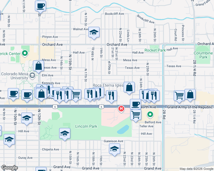 map of restaurants, bars, coffee shops, grocery stores, and more near 1350 North 20th Street in Grand Junction