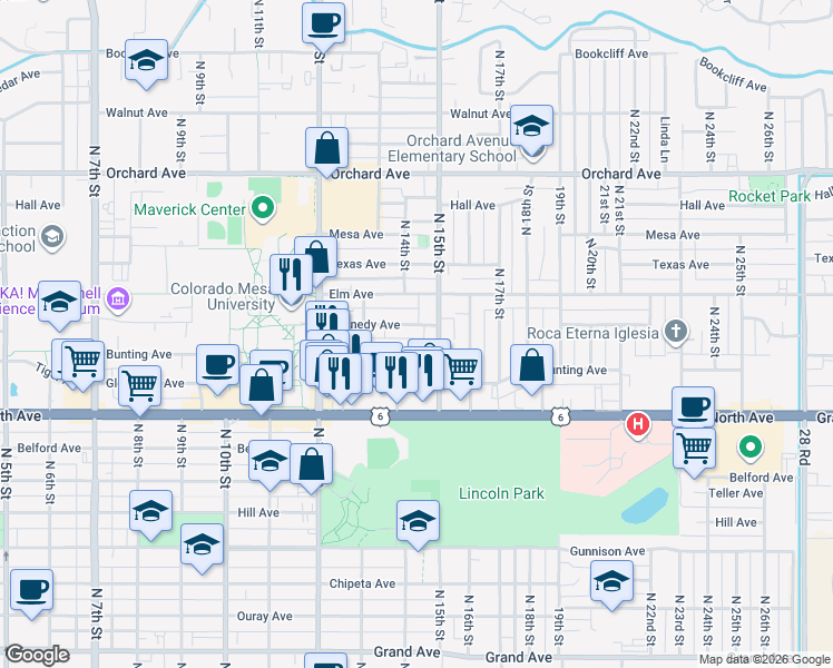 map of restaurants, bars, coffee shops, grocery stores, and more near 1402 Bunting Avenue in Grand Junction