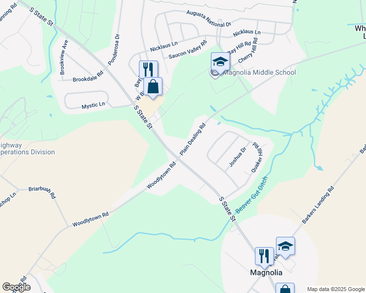 map of restaurants, bars, coffee shops, grocery stores, and more near 57 Plain Dealing Road in Magnolia