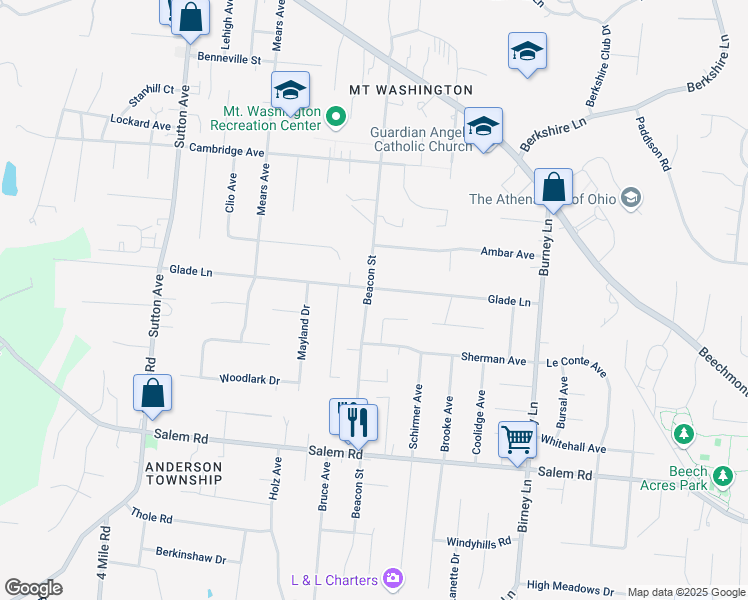 map of restaurants, bars, coffee shops, grocery stores, and more near 1491 Beacon Street in Cincinnati