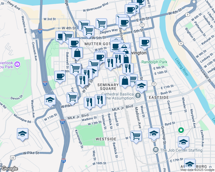 map of restaurants, bars, coffee shops, grocery stores, and more near 1016 Banklick Street in Covington