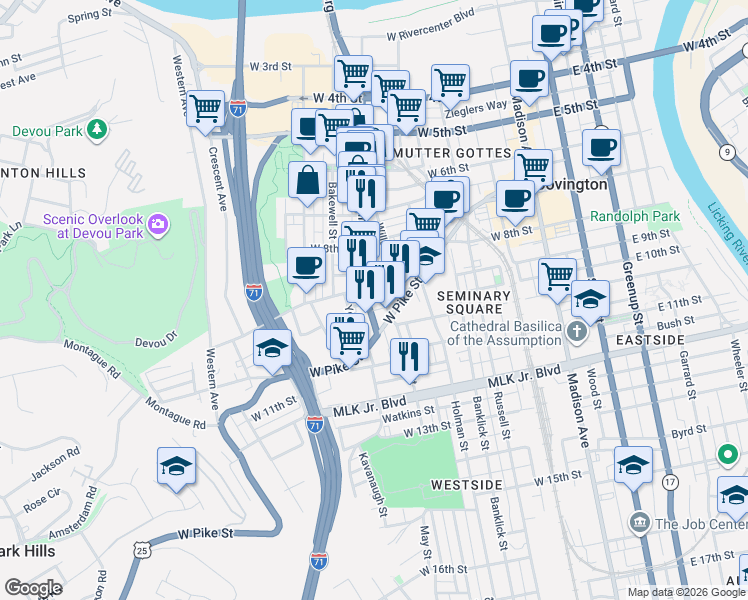map of restaurants, bars, coffee shops, grocery stores, and more near 917 Main Street in Covington