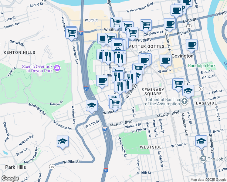 map of restaurants, bars, coffee shops, grocery stores, and more near 507 West 9th Street in Covington