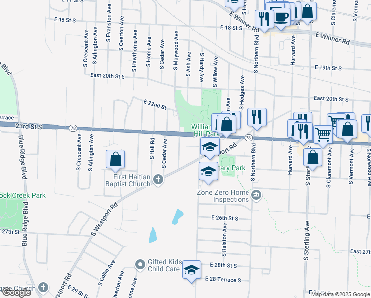 map of restaurants, bars, coffee shops, grocery stores, and more near 2330 South Hardy Avenue in Independence