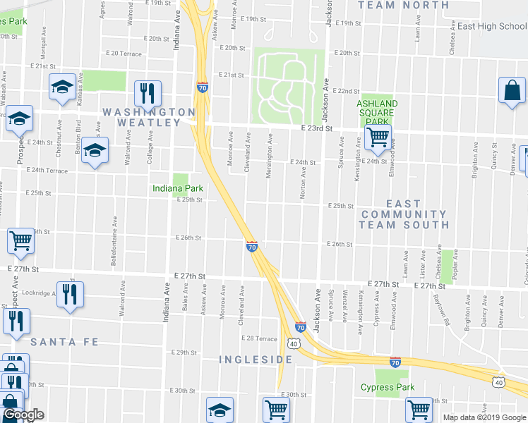 map of restaurants, bars, coffee shops, grocery stores, and more near 2514 Mersington Avenue in Kansas City