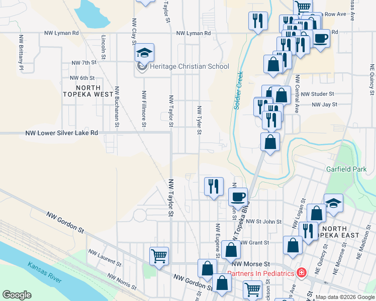 map of restaurants, bars, coffee shops, grocery stores, and more near 901-999 Northwest Waddell Street in Topeka