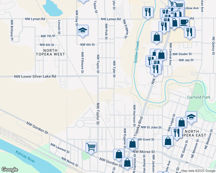 map of restaurants, bars, coffee shops, grocery stores, and more near 901-999 Northwest Waddell Street in Topeka