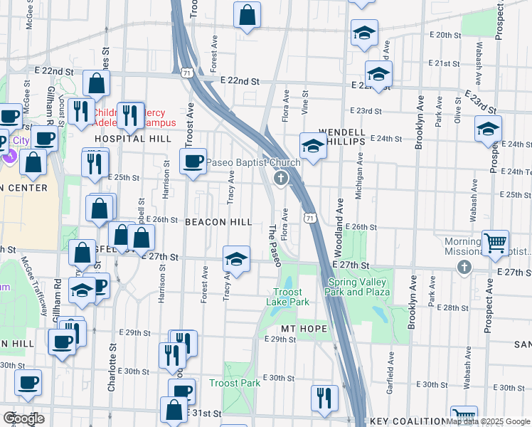 map of restaurants, bars, coffee shops, grocery stores, and more near 2534 West Paseo Boulevard in Kansas City