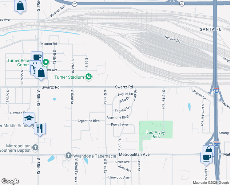 map of restaurants, bars, coffee shops, grocery stores, and more near 5028 August Court in Kansas City