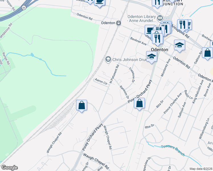 map of restaurants, bars, coffee shops, grocery stores, and more near 490 North Patuxent Road in Odenton