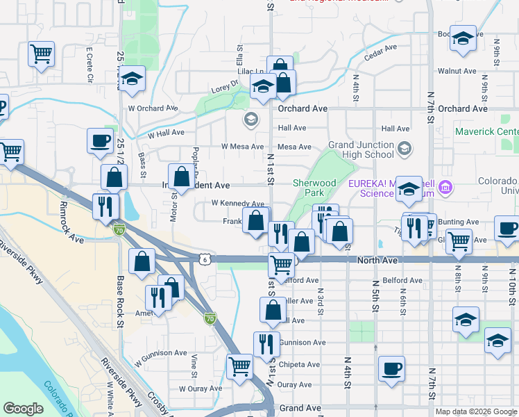 map of restaurants, bars, coffee shops, grocery stores, and more near 1309 North 1st Street in Grand Junction