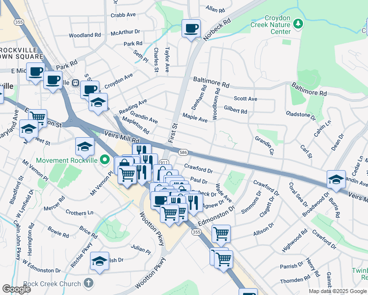 map of restaurants, bars, coffee shops, grocery stores, and more near 914 Veirs Mill Road in Rockville