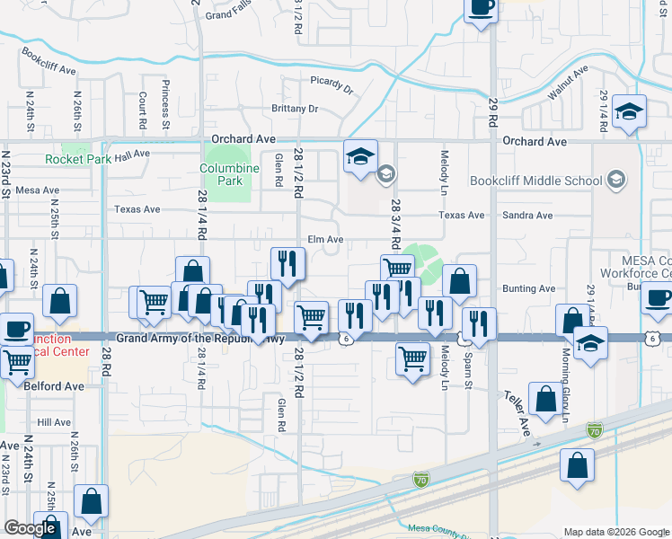 map of restaurants, bars, coffee shops, grocery stores, and more near 2857 1/2 Bunting Avenue in Grand Junction