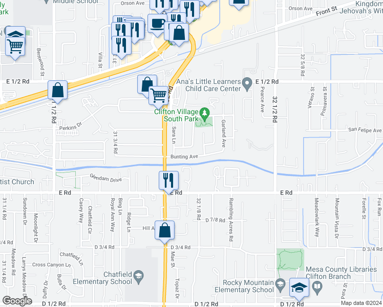 map of restaurants, bars, coffee shops, grocery stores, and more near 3212 Bunting Avenue in Clifton