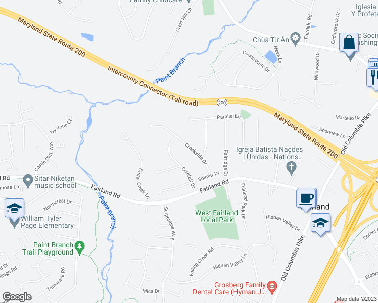 map of restaurants, bars, coffee shops, grocery stores, and more near 13608 Creekside Drive in Silver Spring