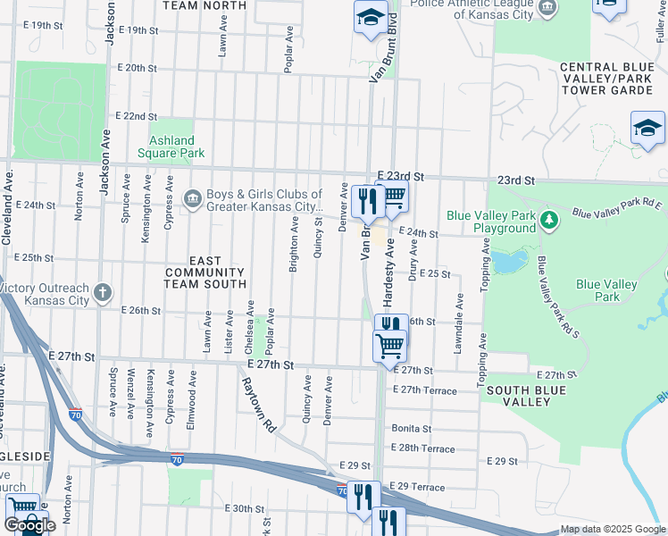 map of restaurants, bars, coffee shops, grocery stores, and more near 2462 Denver Avenue in Kansas City